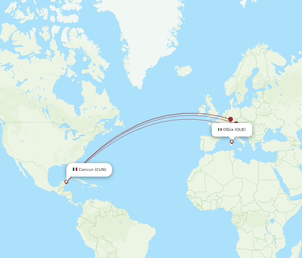 CUN to OLB flights and routes map