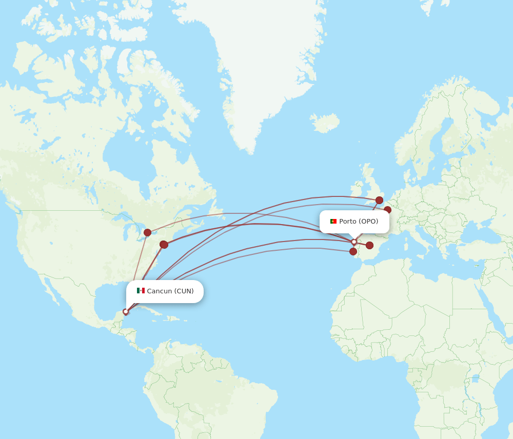 CUN to OPO flights and routes map