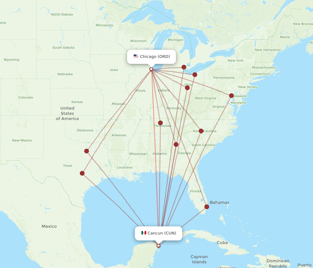 CUN to ORD flights and routes map