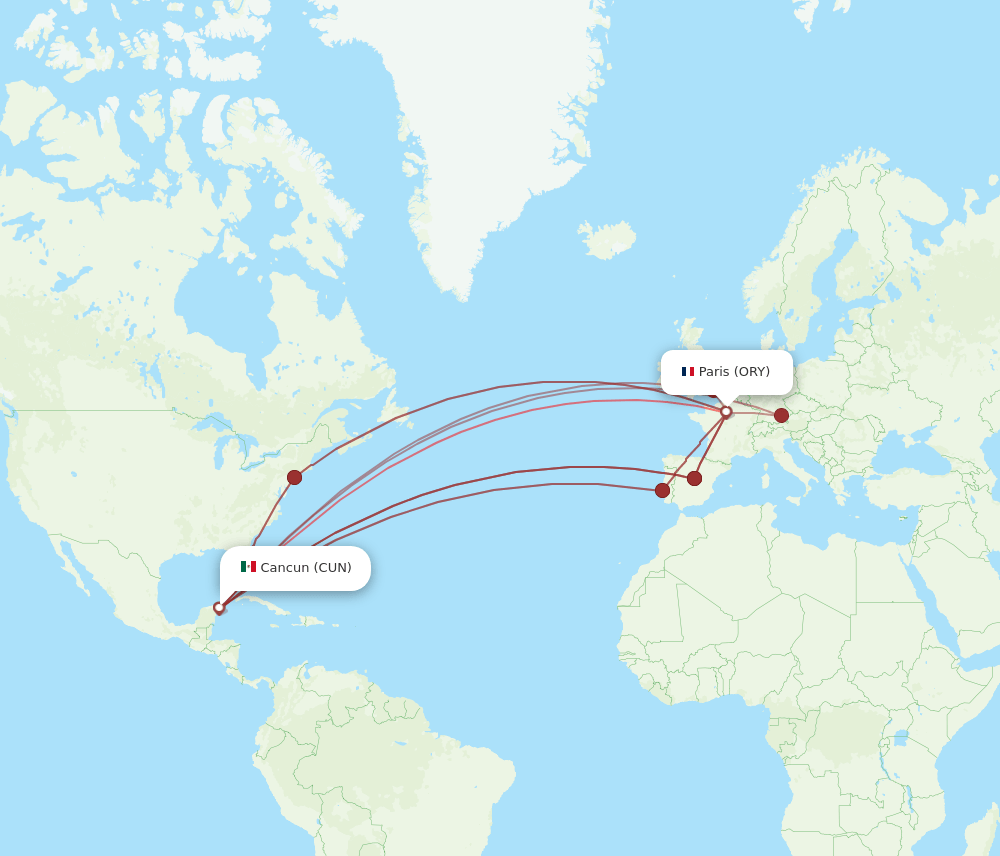 CUN to ORY flights and routes map