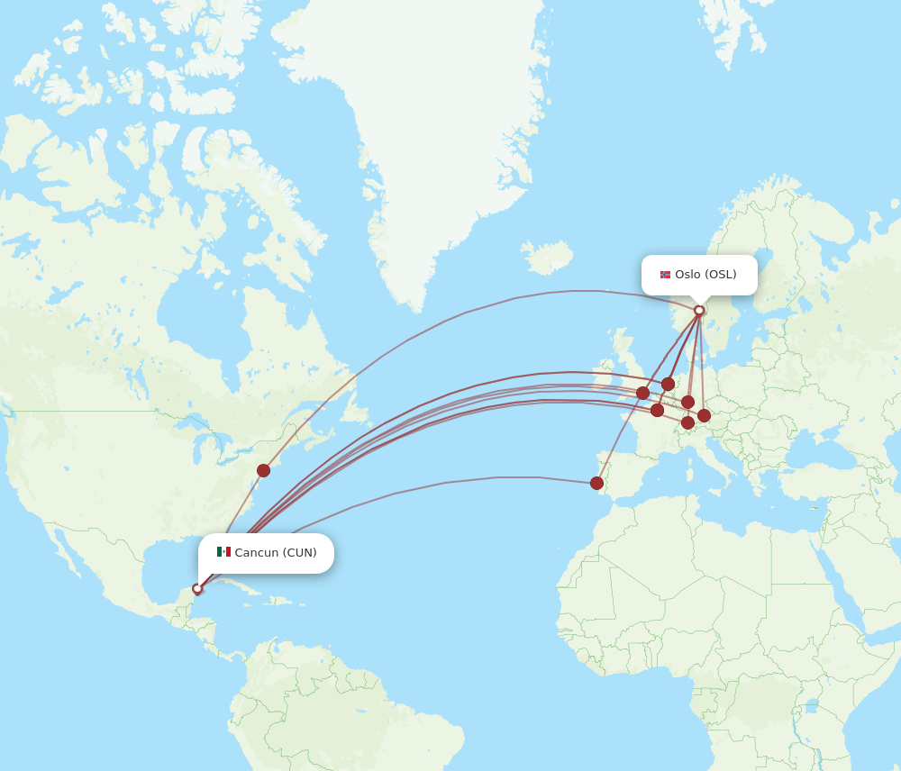 CUN to OSL flights and routes map