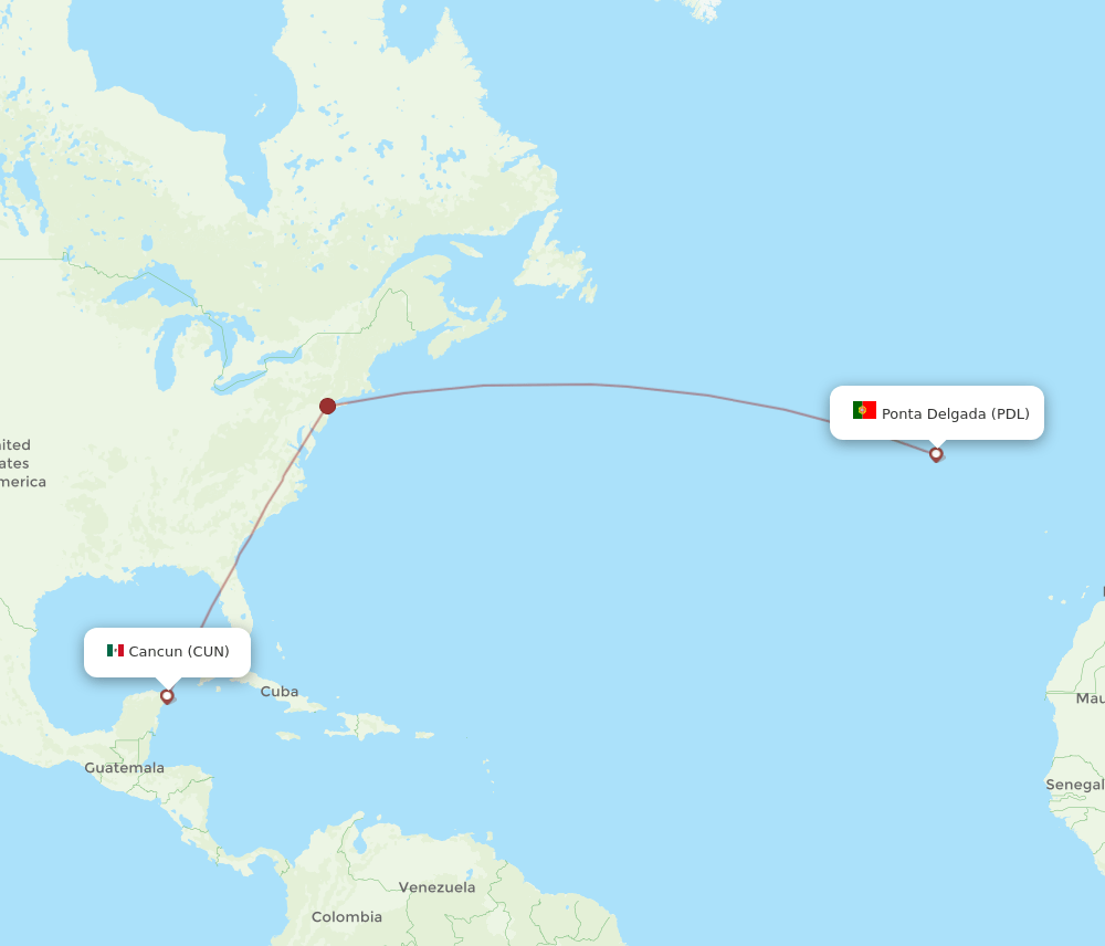 CUN to PDL flights and routes map