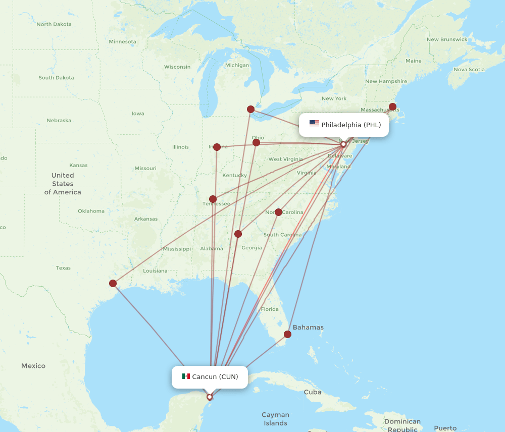 CUN-PHL flight routes