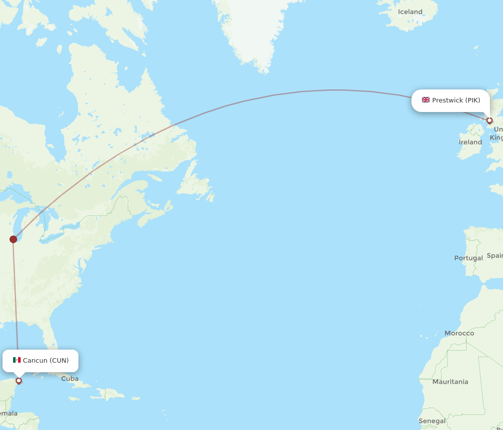 Cancun - Glasgow route map and flight paths