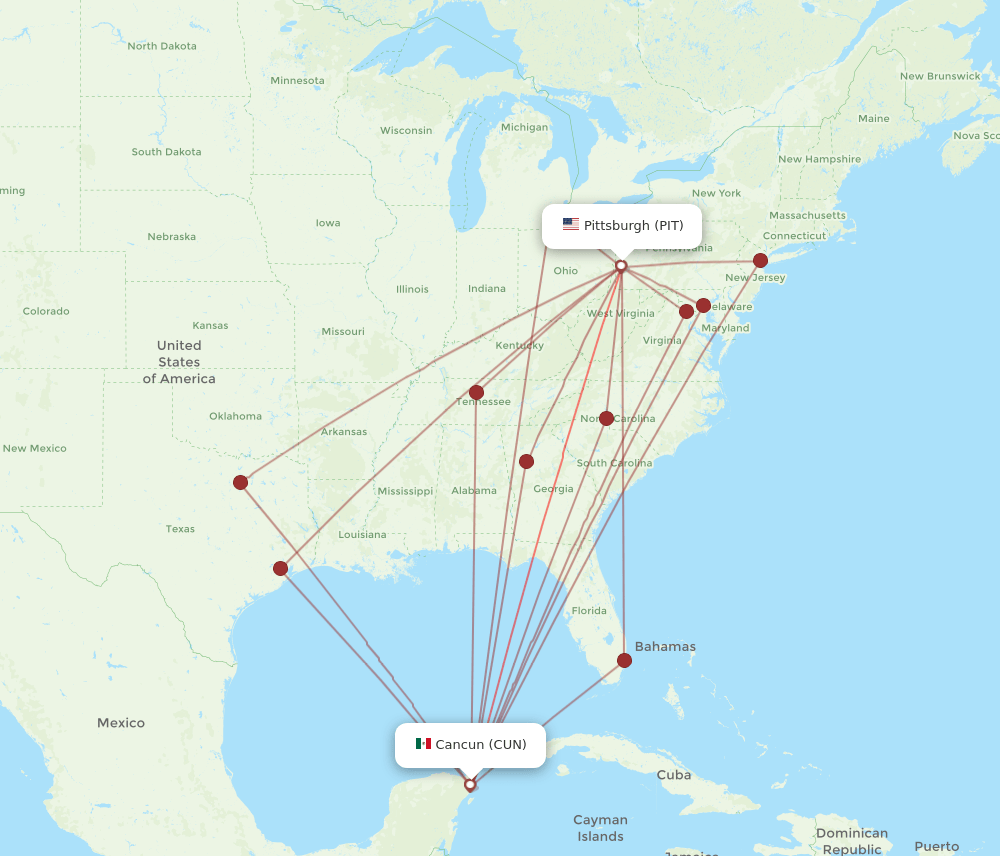 CUN-PIT flight routes