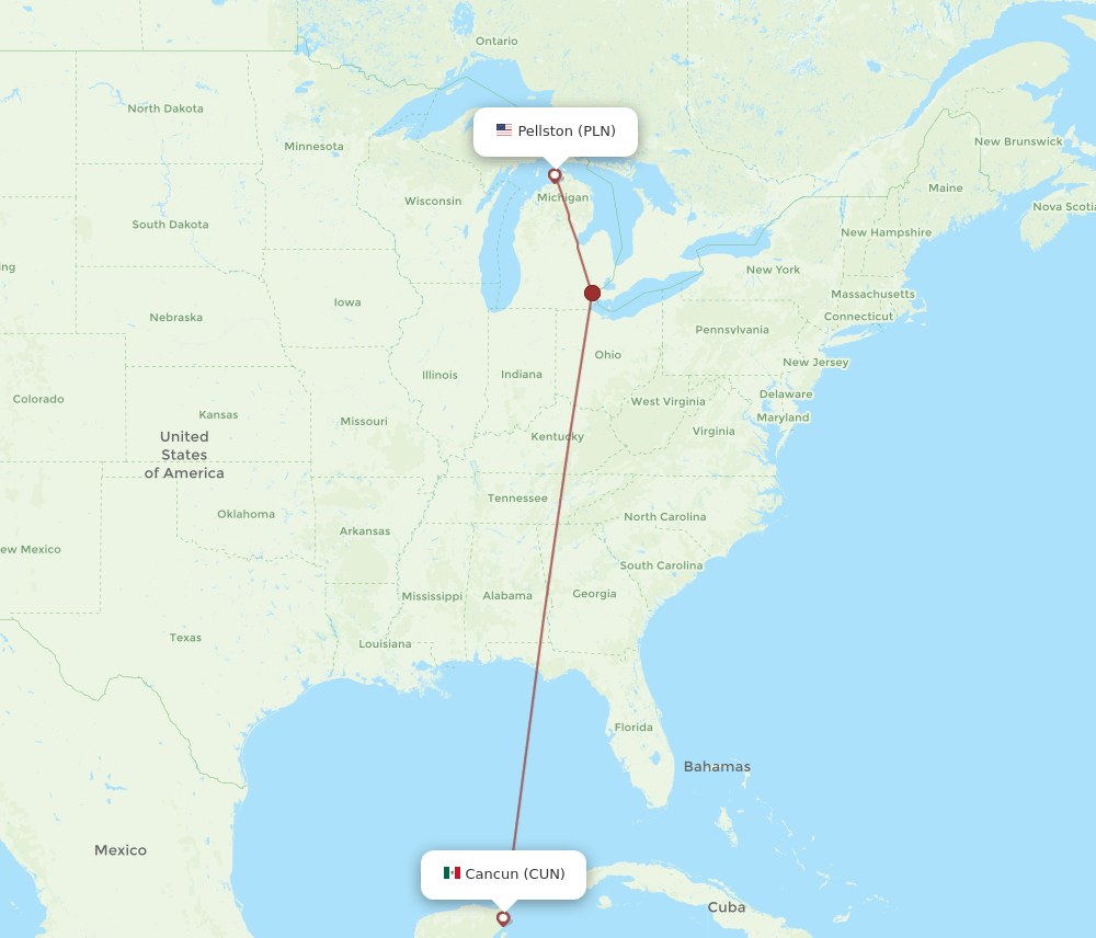 Cancun - Pellston route map and flight paths