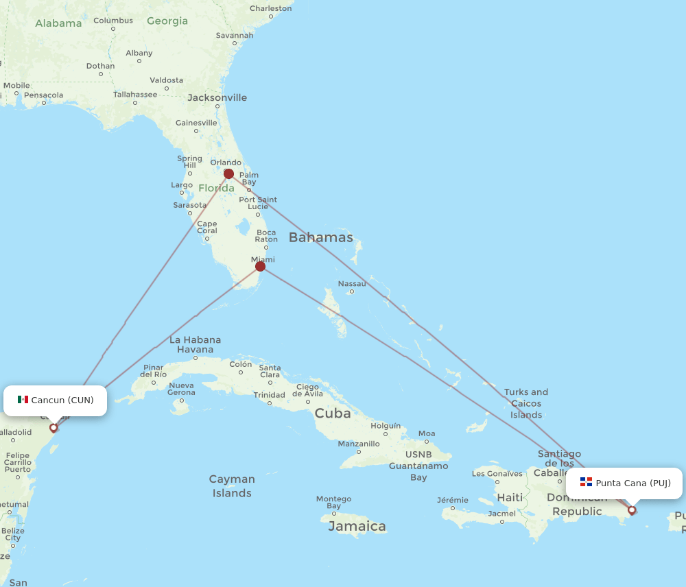 CUN to PUJ flights and routes map