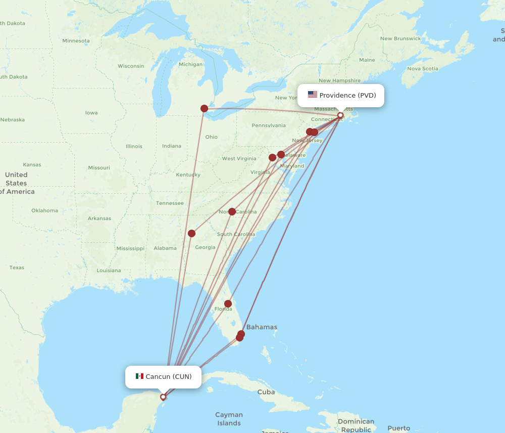 CUN-PVD flight routes