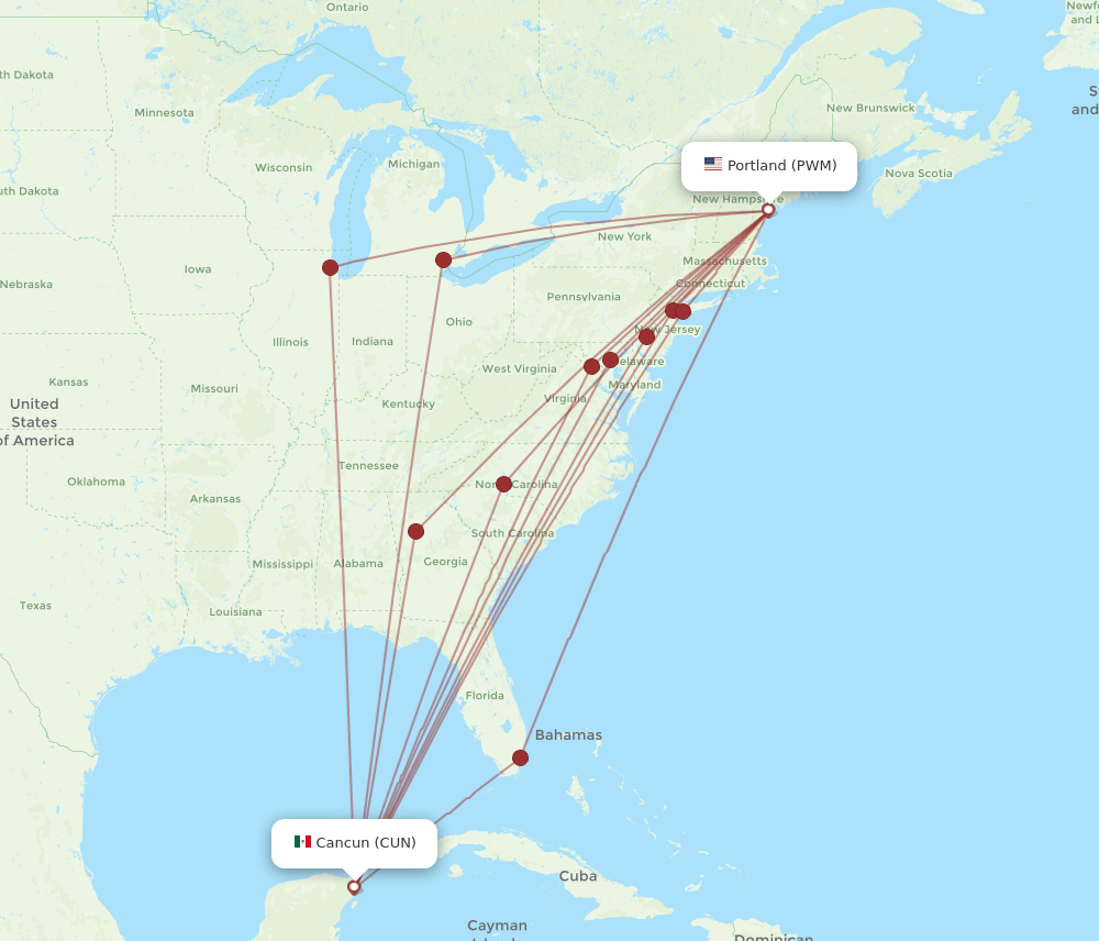 CUN to PWM flights and routes map