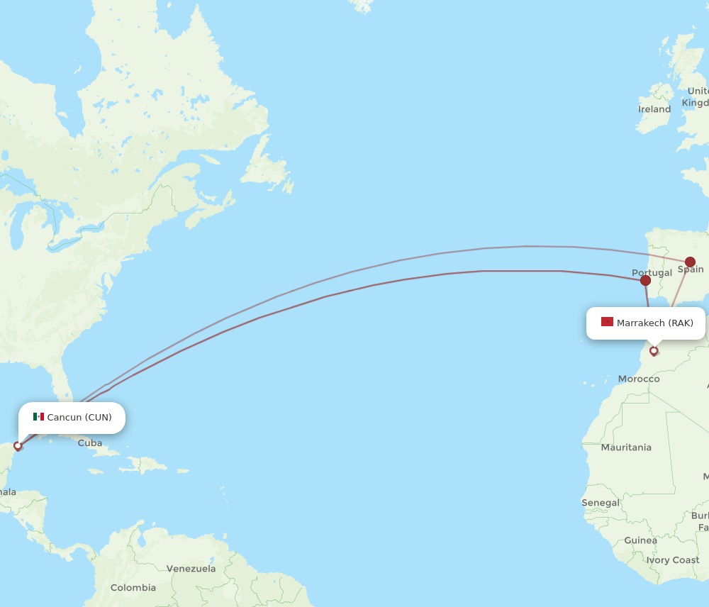 CUN-RAK flight routes