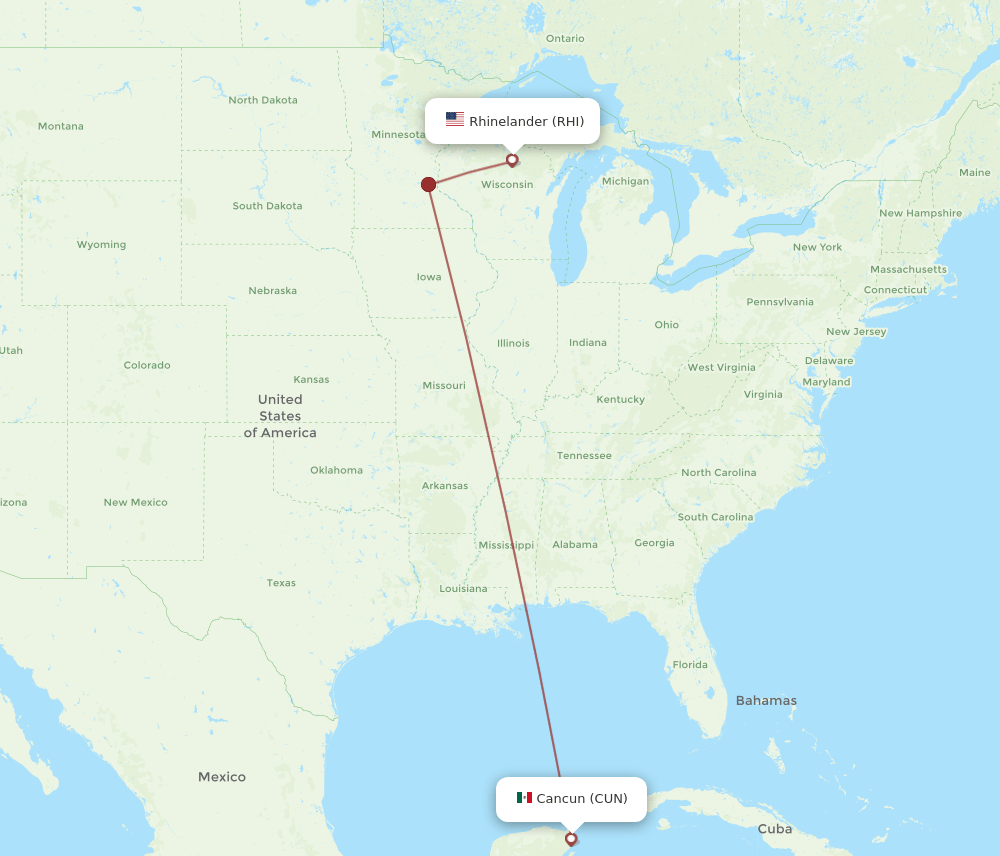 CUN to RHI flights and routes map