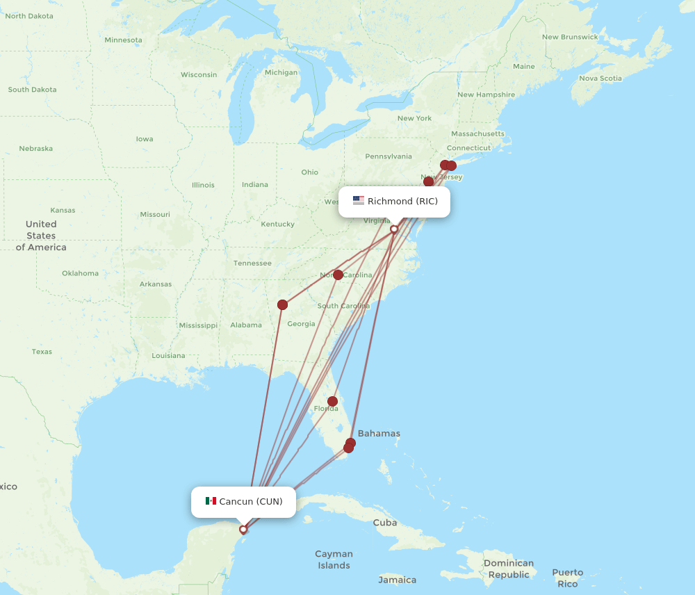 CUN to RIC flights and routes map