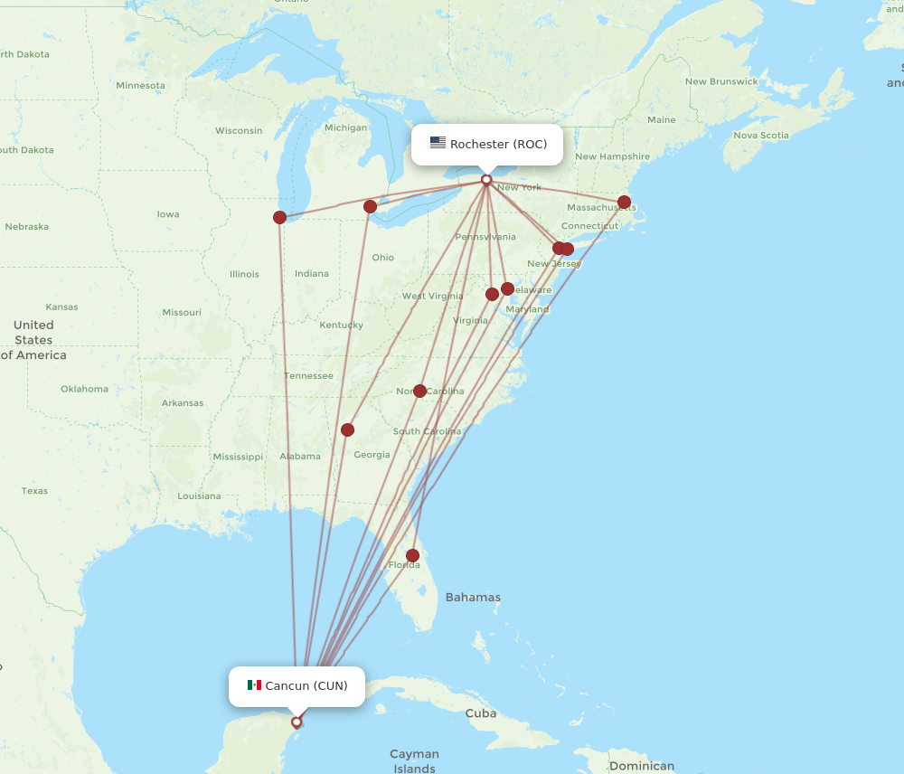 CUN-ROC flight routes