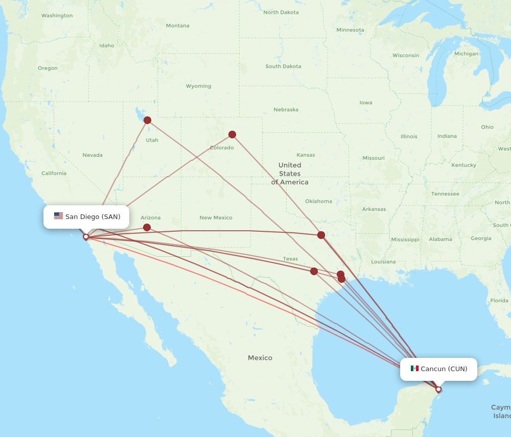 CUN to SAN flights and routes map