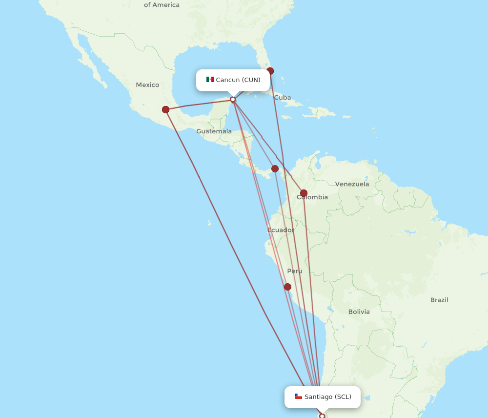 CUN to SCL flights and routes map