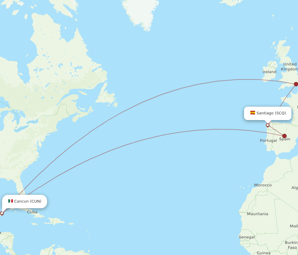 CUN to SCQ flights and routes map