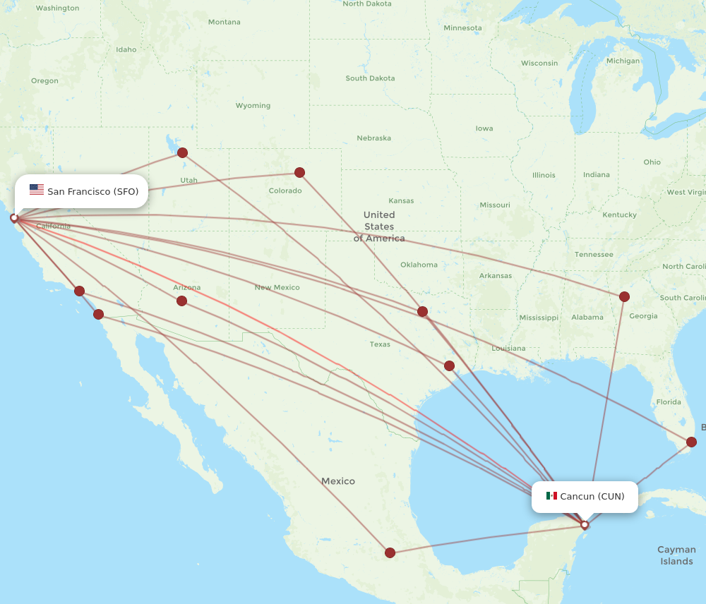 CUN to SFO flights and routes map
