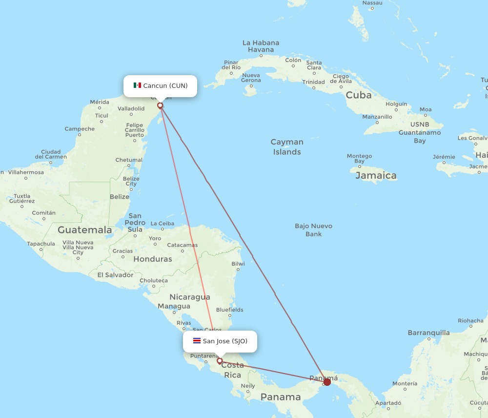 CUN to SJO flights and routes map