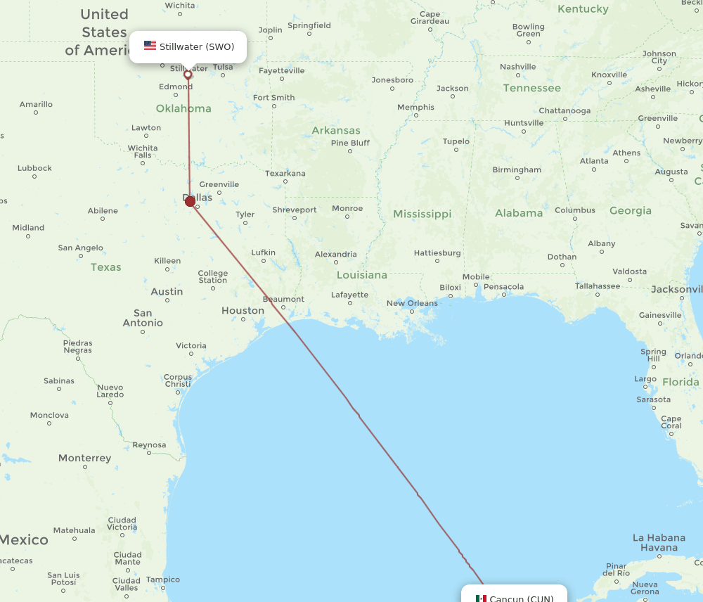 CUN-SWO flight routes