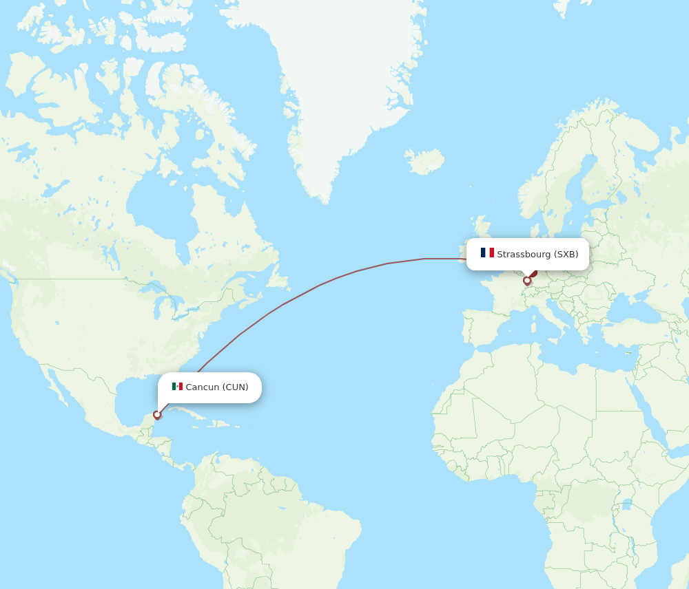 Strasbourg - Cancun route map and flight paths