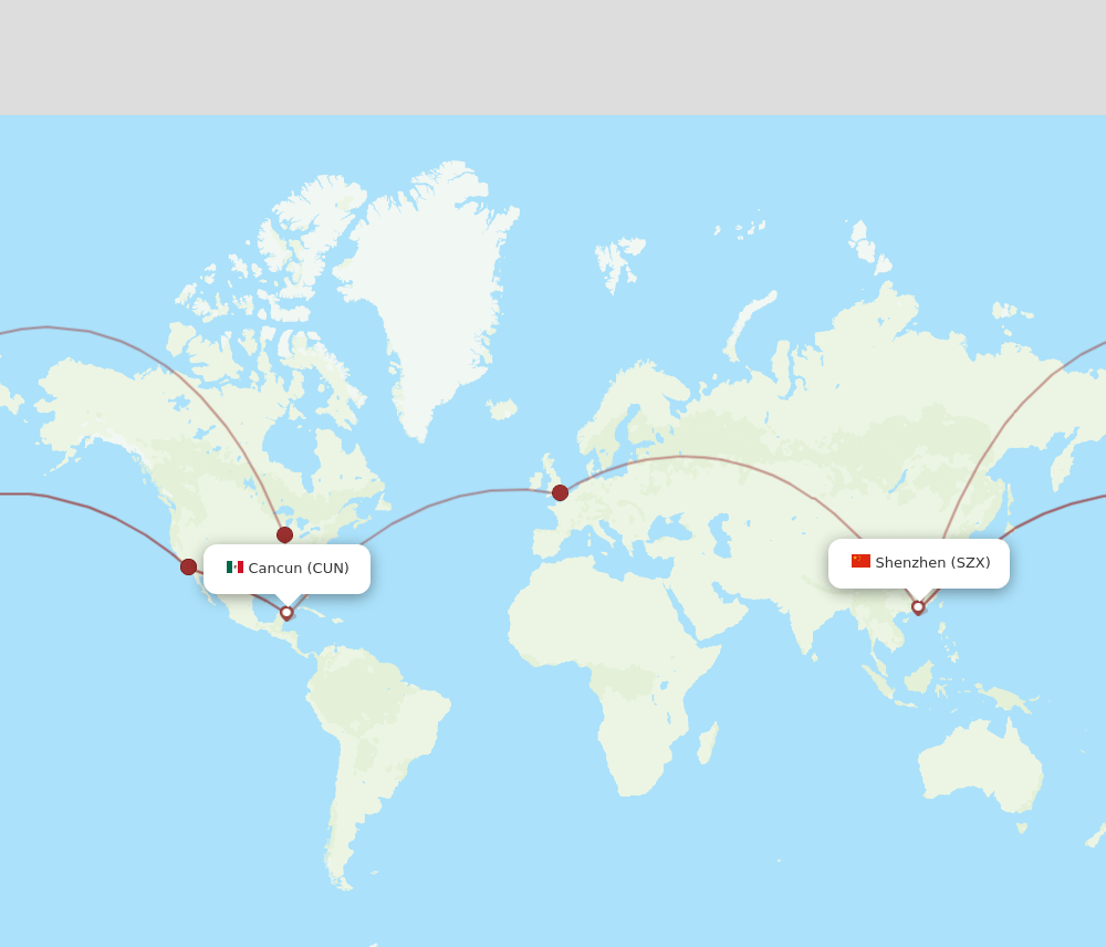 Shenzhen - Cancun route map and flight paths