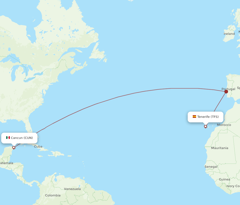 Tenerife - Cancun route map and flight paths
