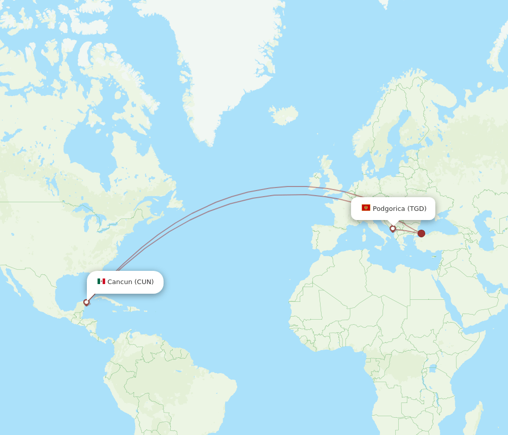 CUN-TGD flight routes