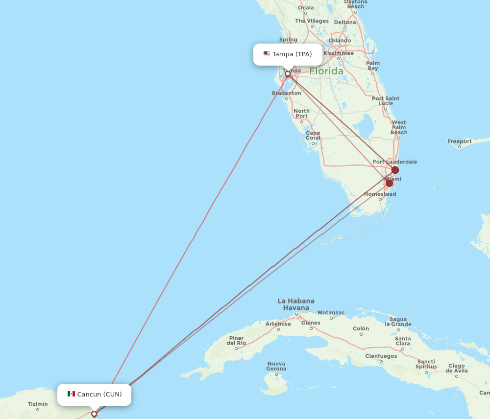 CUN to TPA flights and routes map
