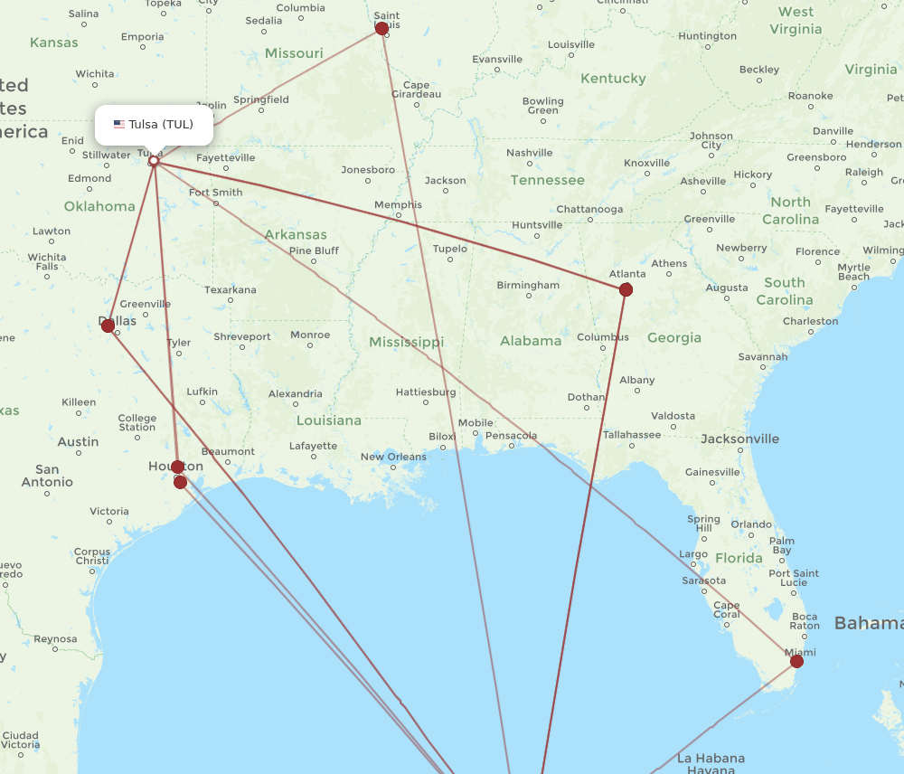 CUN to TUL flights and routes map