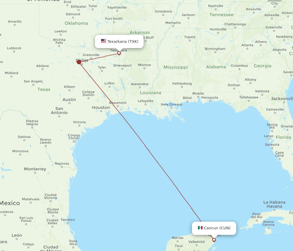 CUN-TXK flight routes