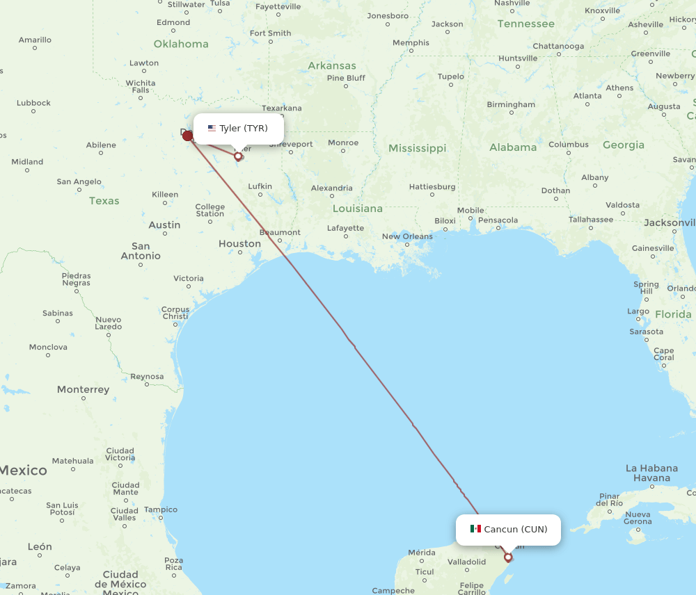 CUN-TYR flight routes