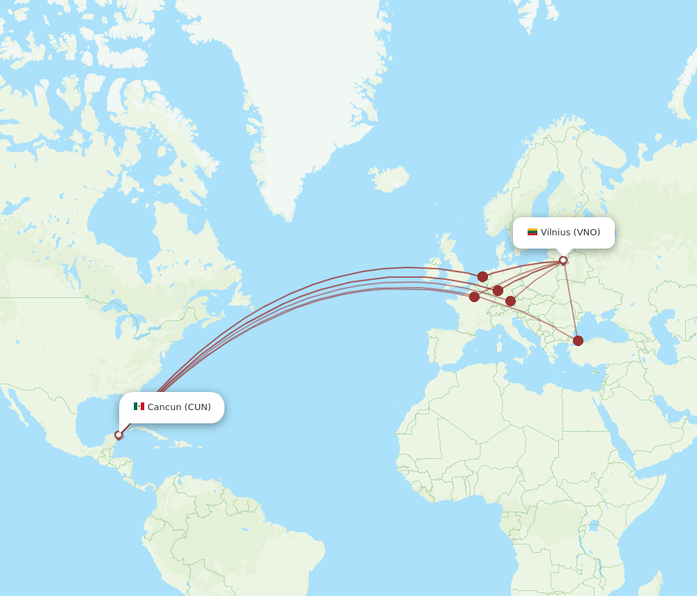 CUN to VNO flights and routes map