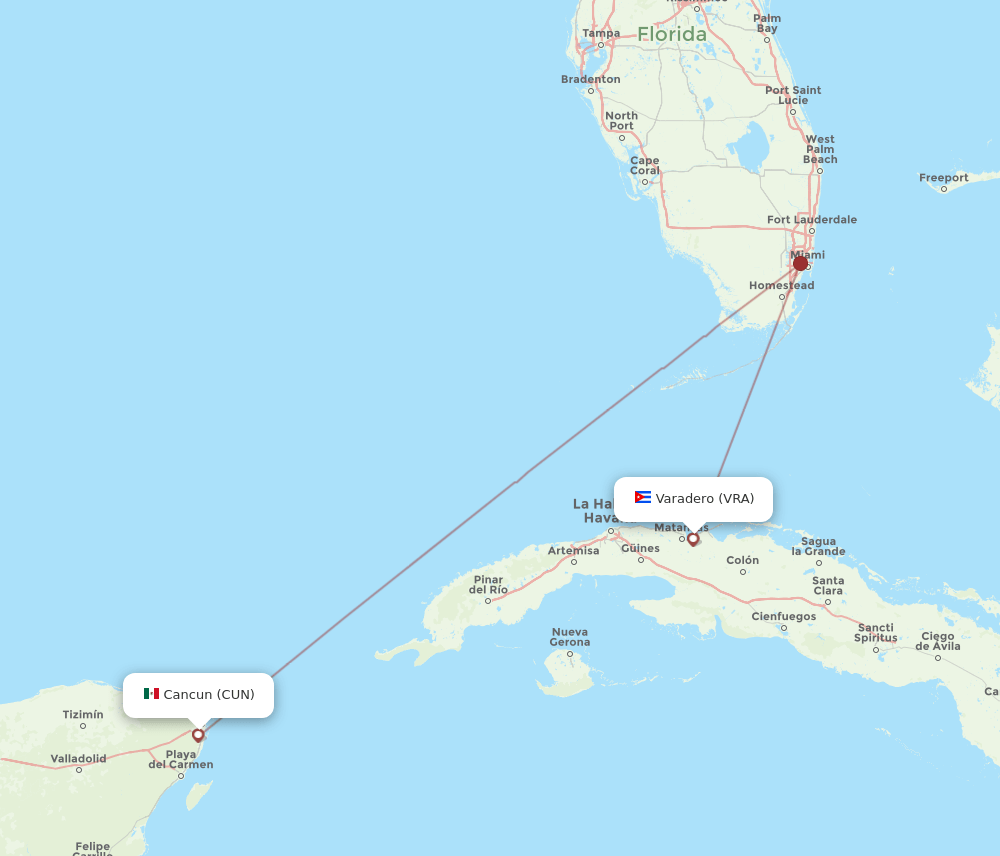 CUN to VRA flights and routes map