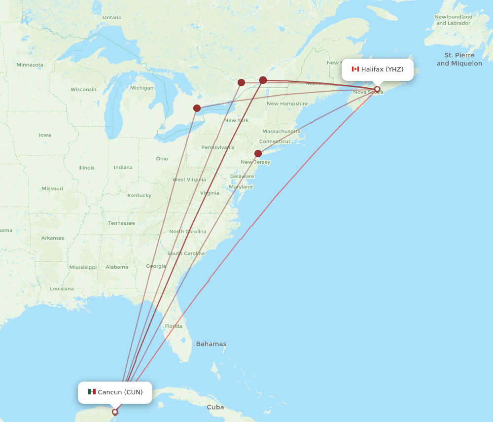 CUN to YHZ flights and routes map