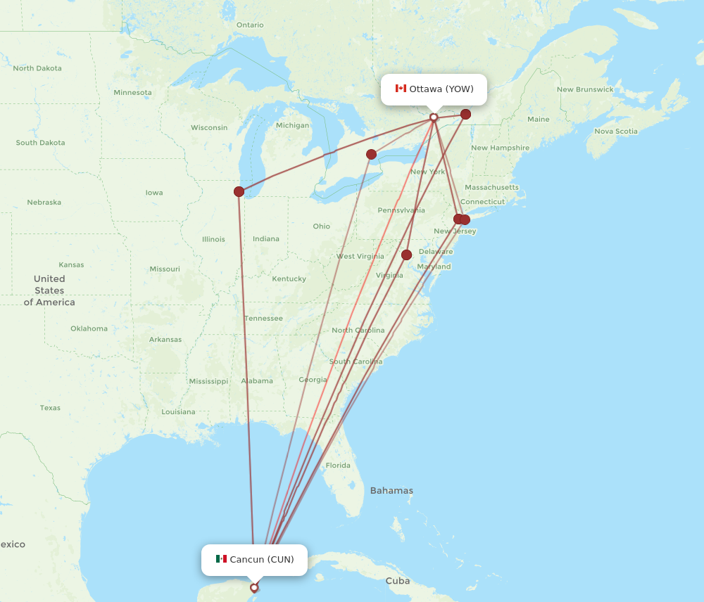 CUN to YOW flights and routes map