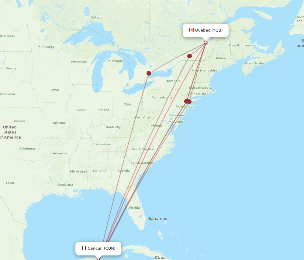 CUN to YQB flights and routes map