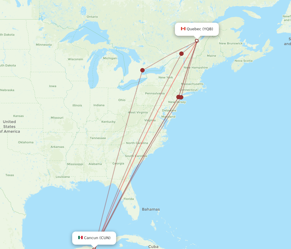 CUN to YQB flights and routes map