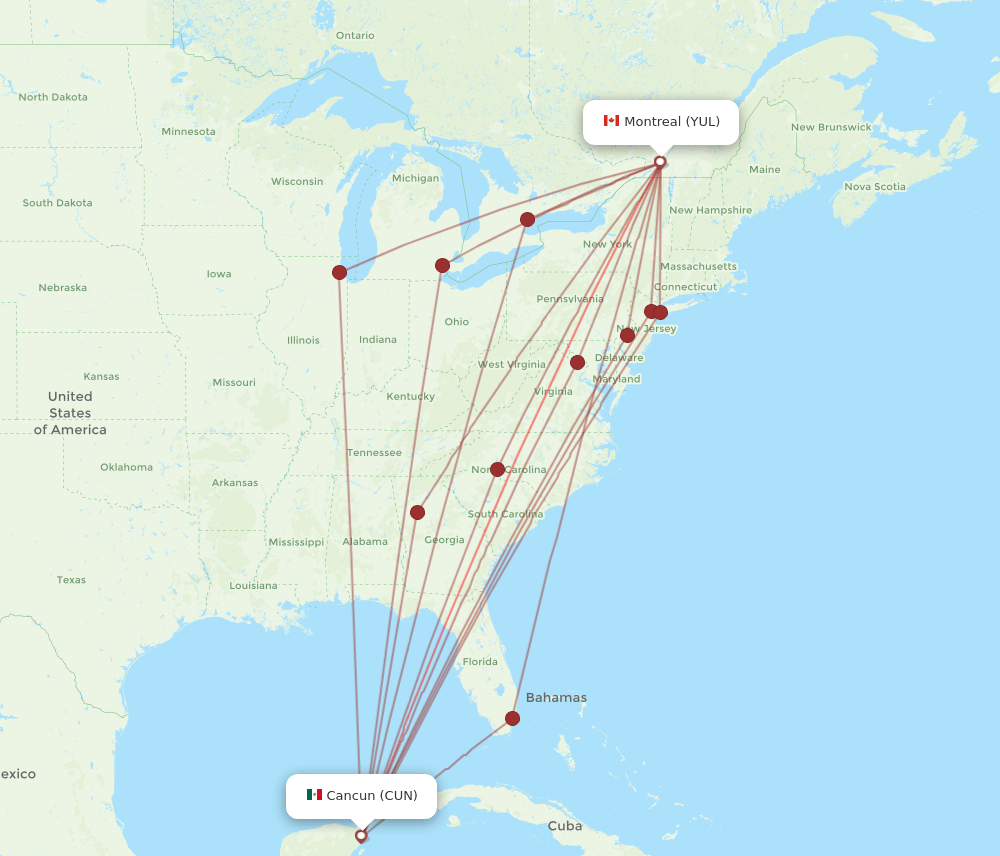 CUN to YUL flights and routes map