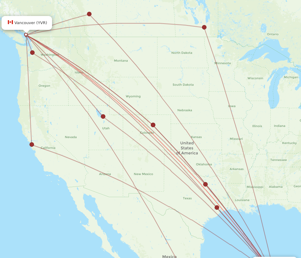 CUN to YVR flights and routes map