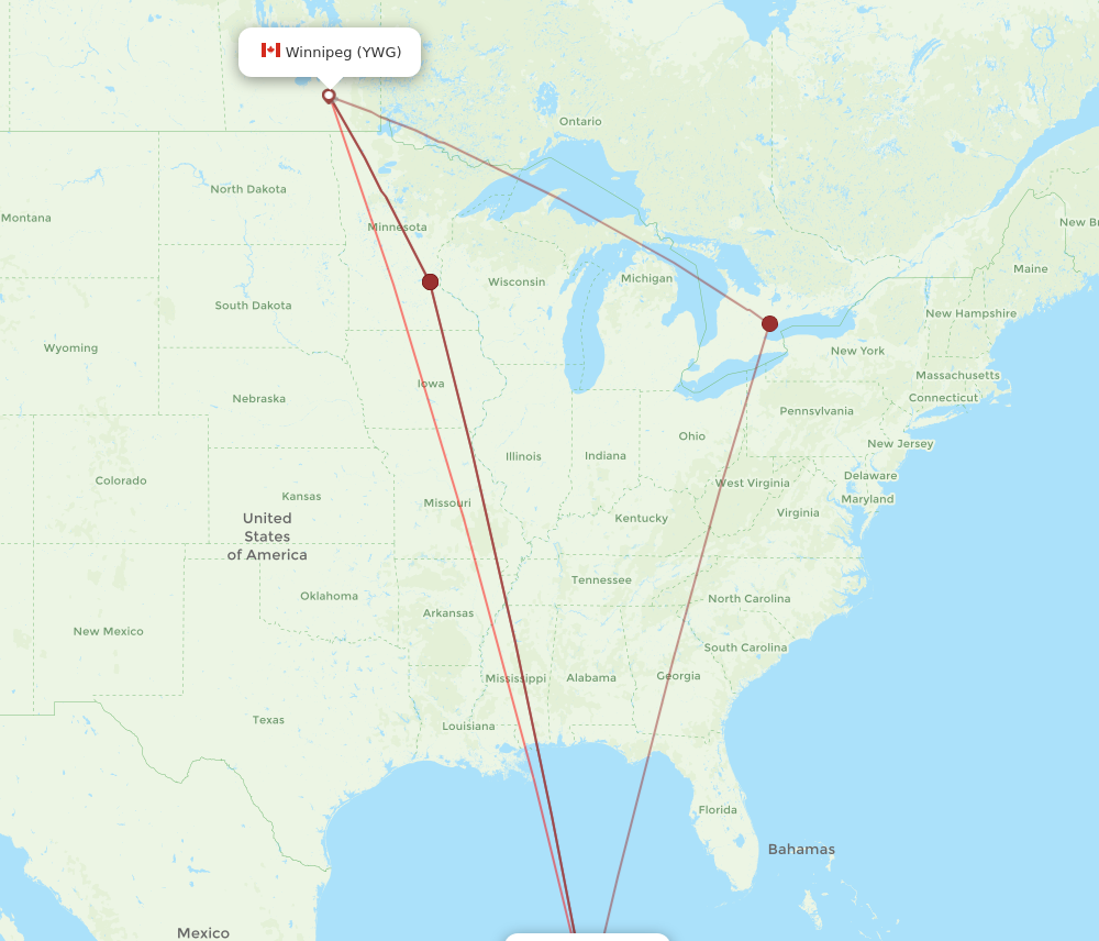 CUN to YWG flights and routes map