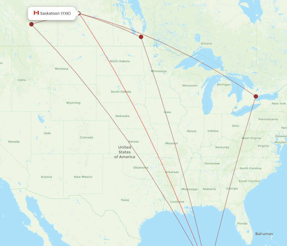 CUN to YXE flights and routes map