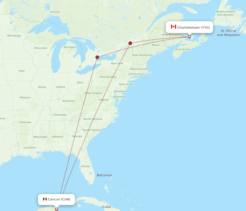 Charlottetown - Cancun route map and flight paths