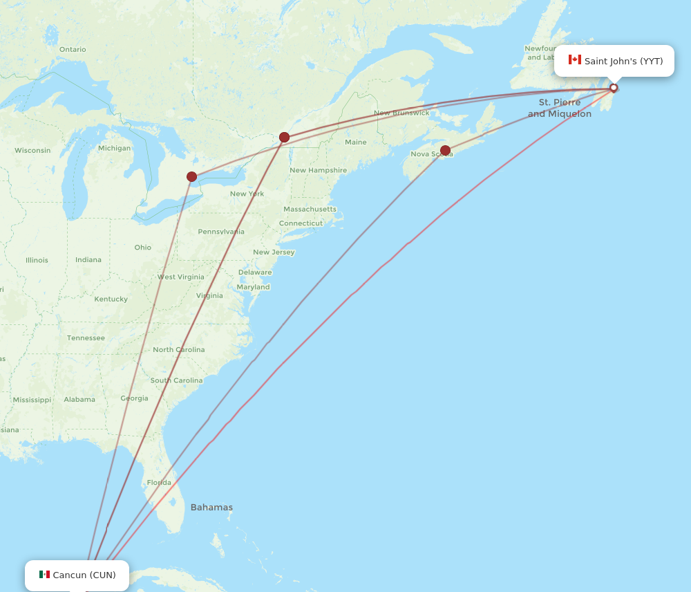 CUN to YYT flights and routes map