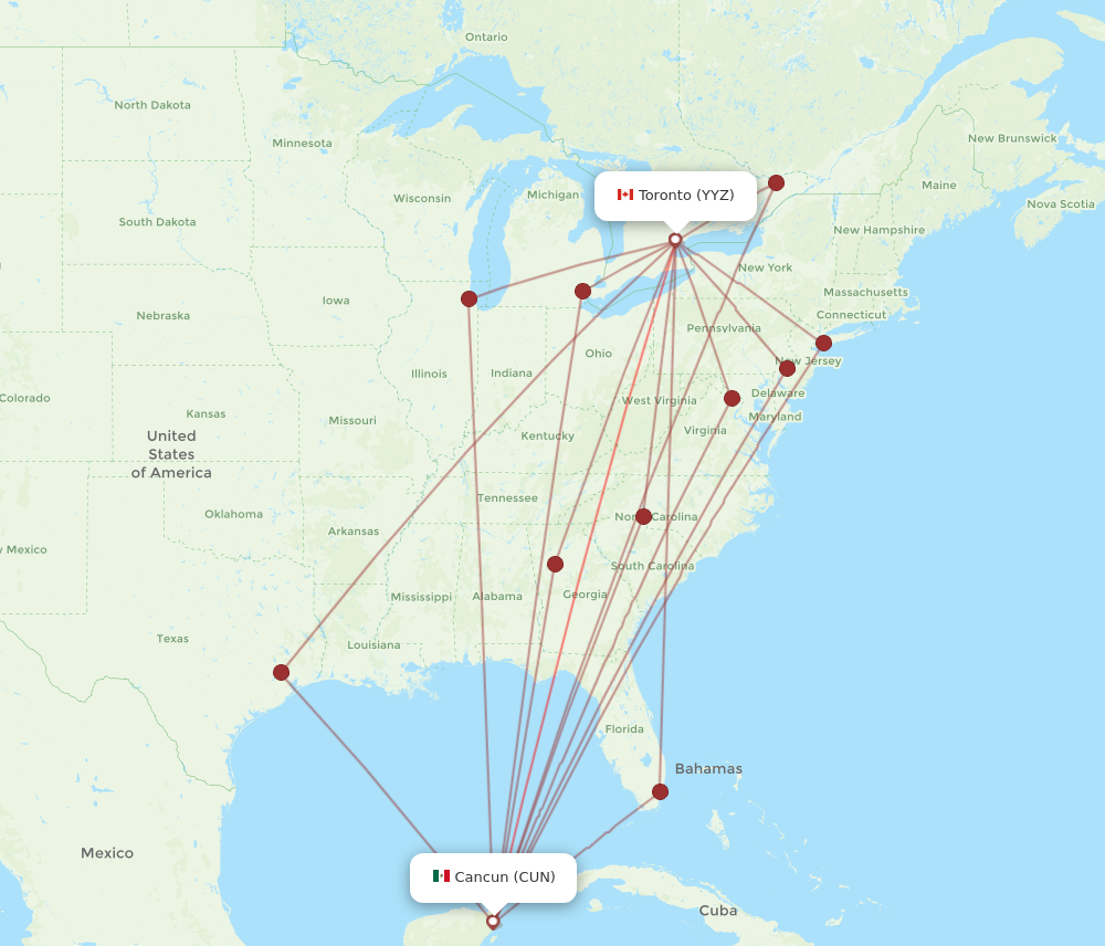 CUN to YYZ flights and routes map