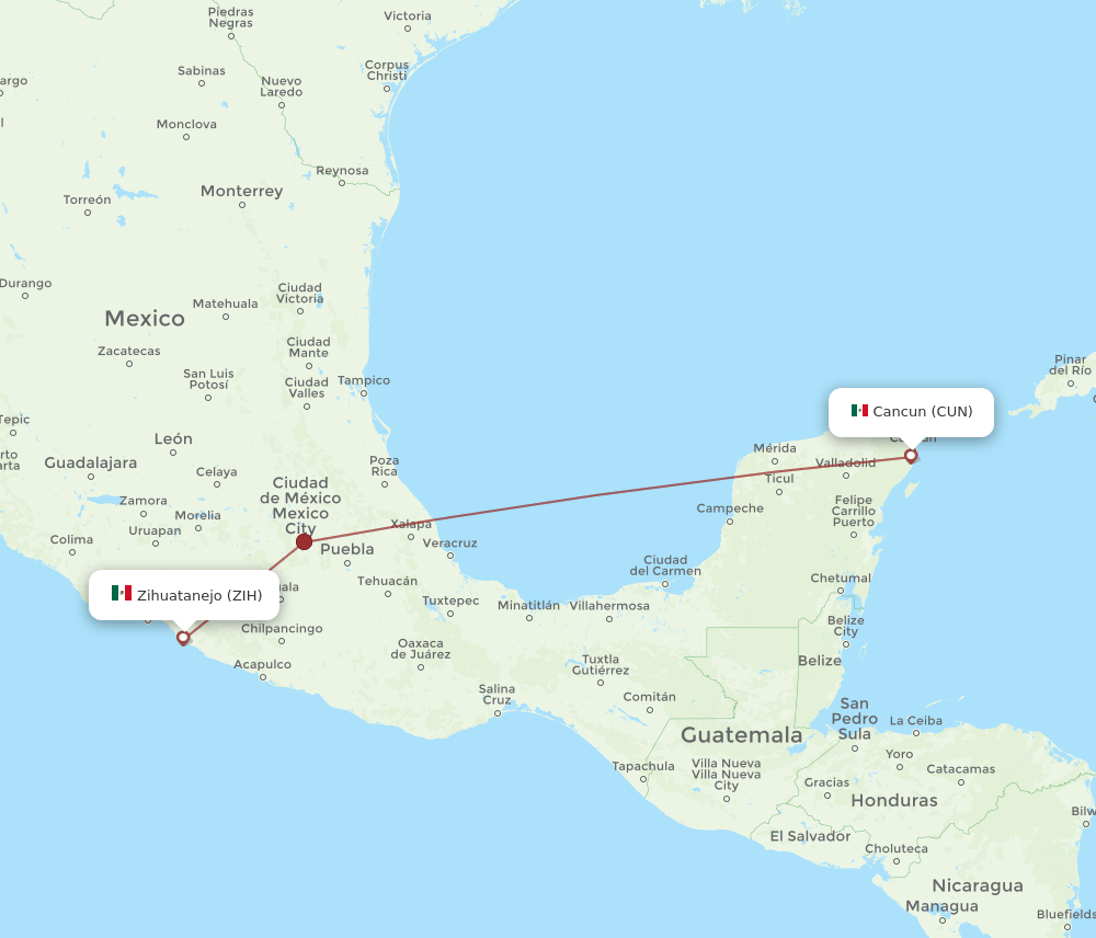 Ixtapa/Zihuatanejo - Cancun route map and flight paths