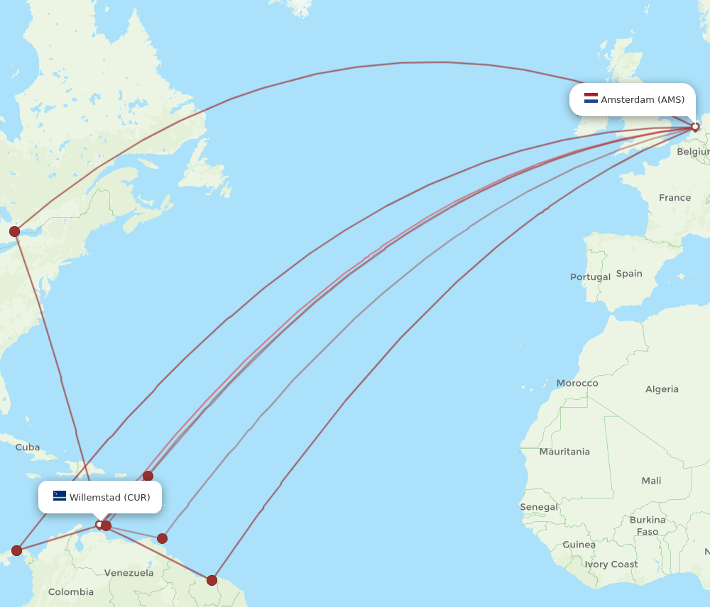 CUR to AMS flights and routes map