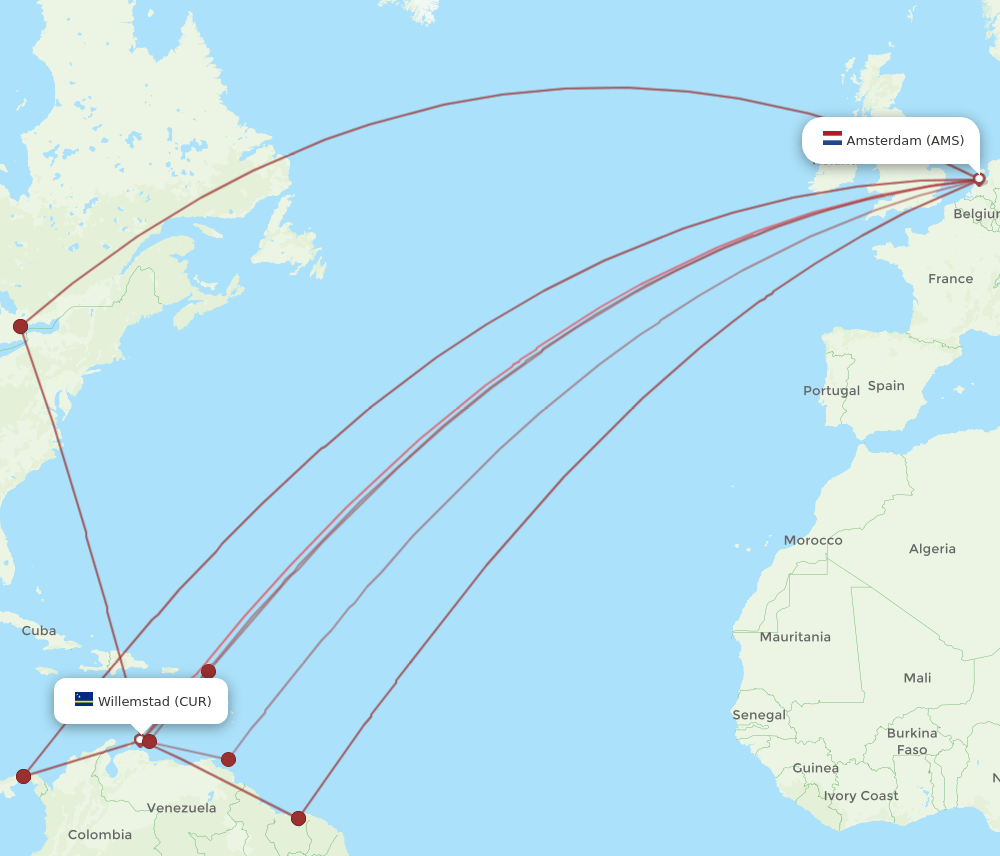 CUR-AMS flight routes