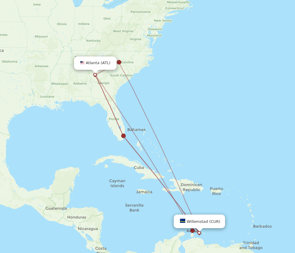 CUR to ATL flights and routes map