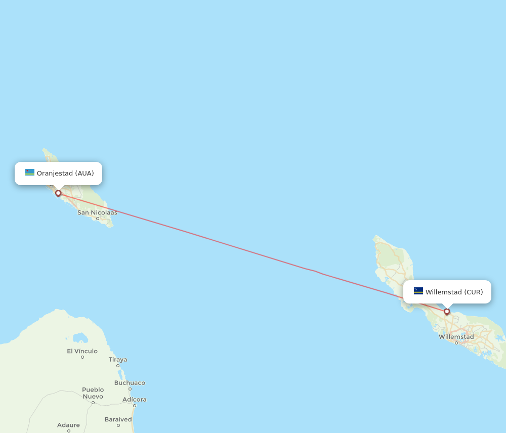 CUR to AUA flights and routes map