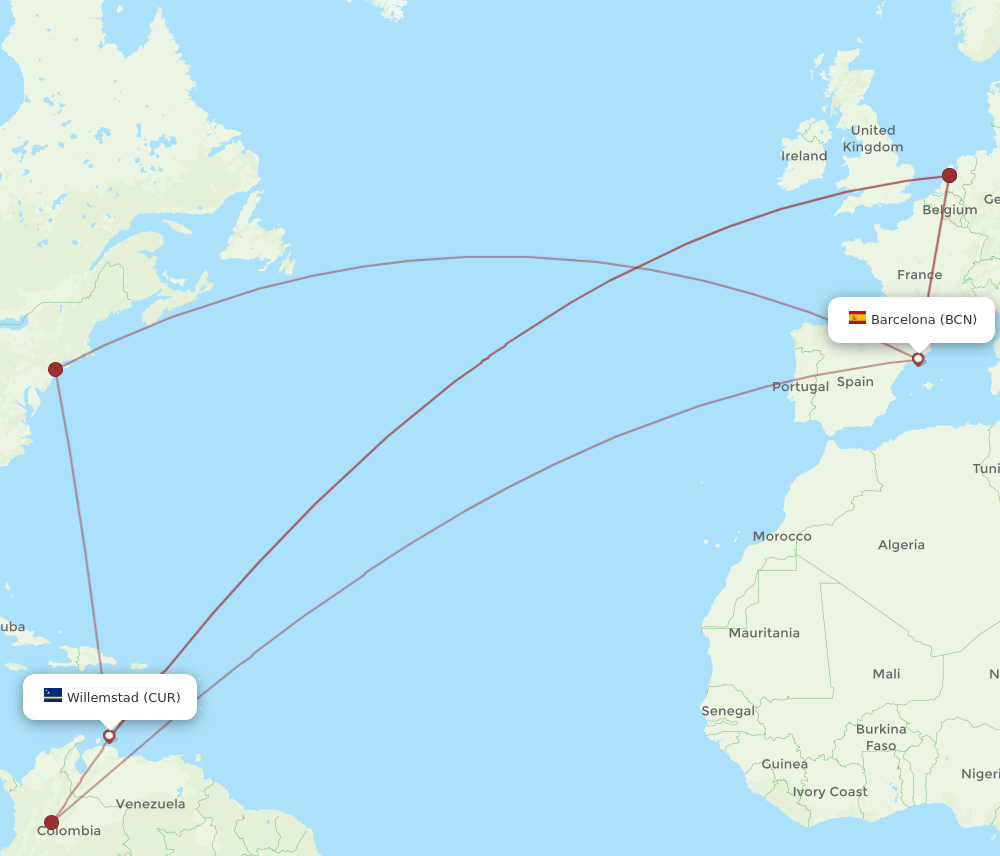 CUR-BCN flight routes